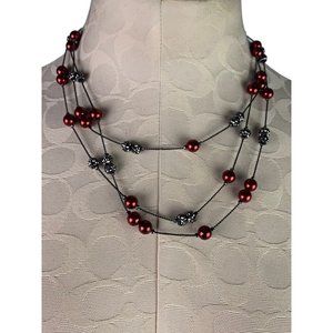 Signed RMN Triple Strand 16" Necklace Red Rhinestone Pewter Color